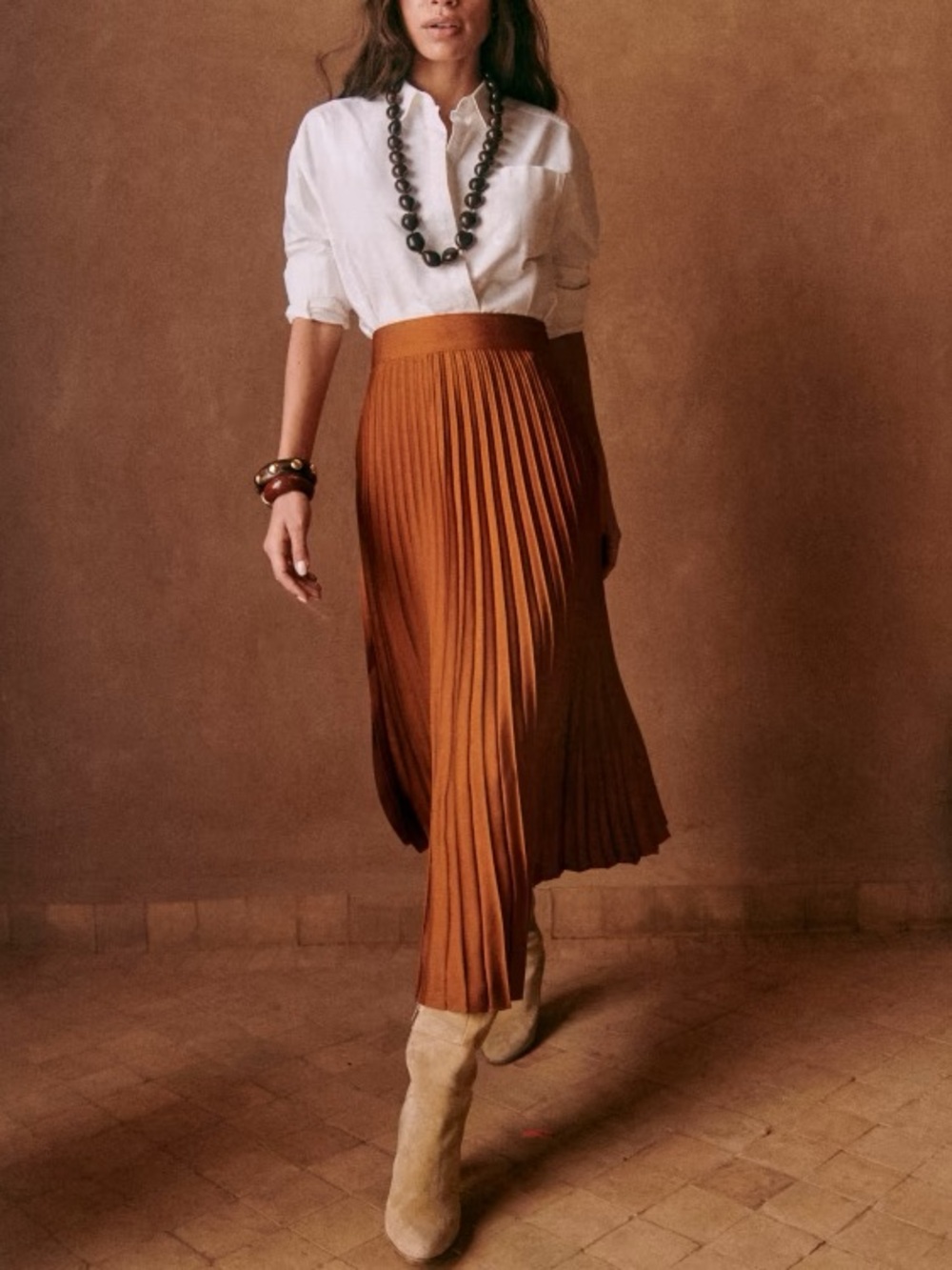 Sezane Dune Recycled Polyester Pleated Skirt in Bronze